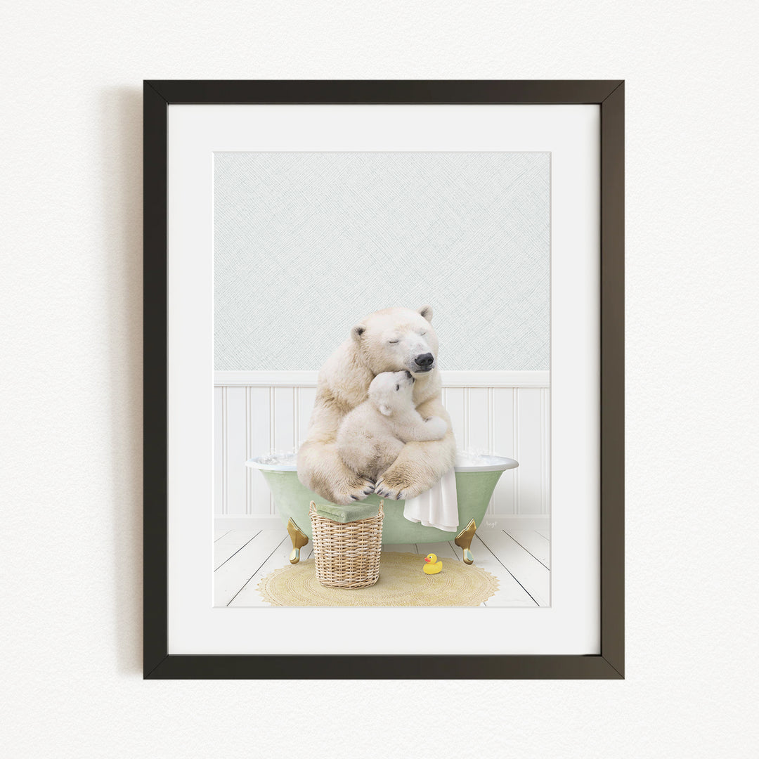 A polar bear is sitting in a green bathtub, holding a baby bear in its arms, with a basket of toys nearby.