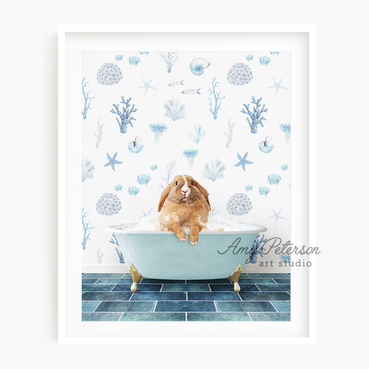 a dog sitting in a bathtub with a wallpaper behind it