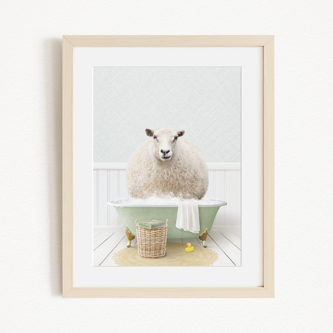 A fluffy white sheep sits in a green bathtub, surrounded by a basket of toys and a yellow rubber duck, creating a whimsical and playful scene.