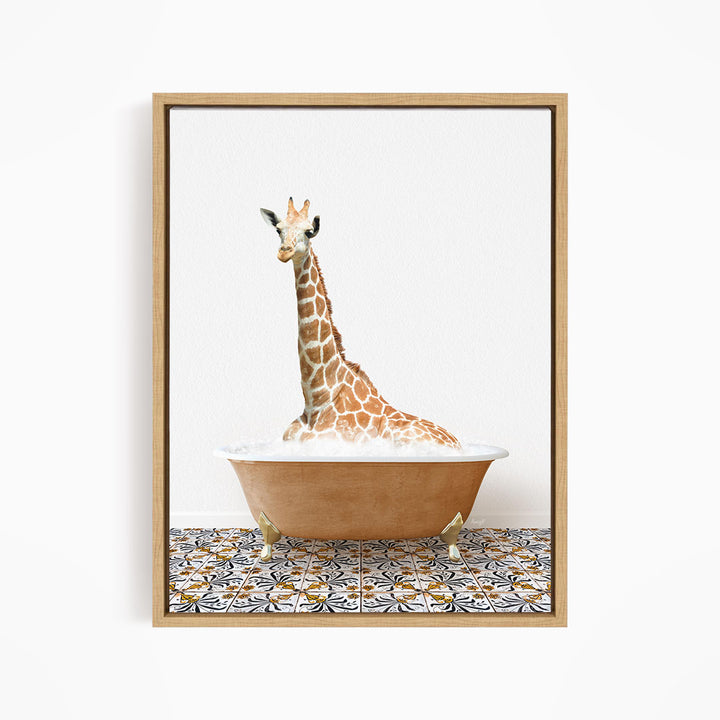 A giraffe sitting in a bathtub filled with bubbles, creating a whimsical and playful scene.