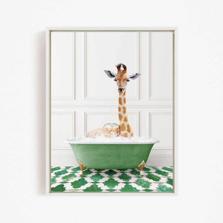 A giraffe is sitting in a green bathtub filled with water, creating a whimsical and playful scene.