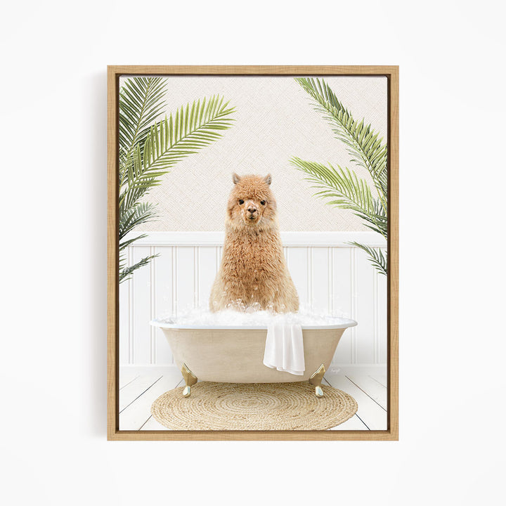A fluffy brown dog is sitting in a white bathtub filled with water, surrounded by green palm leaves.