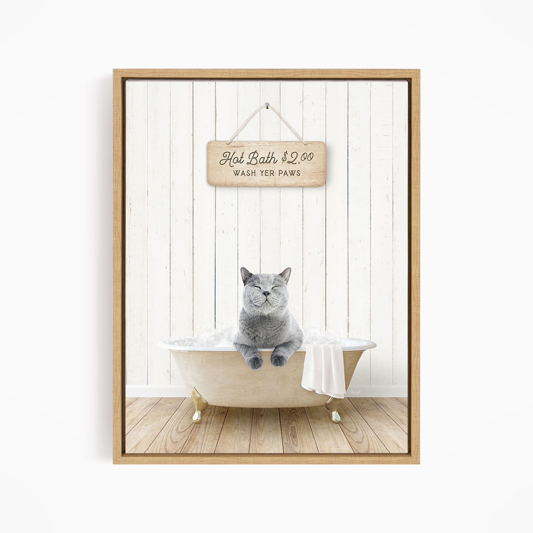 A gray cat sitting in a white bathtub, with a wooden sign above that reads "Hot Bath $2.00 WASH YET Paws".