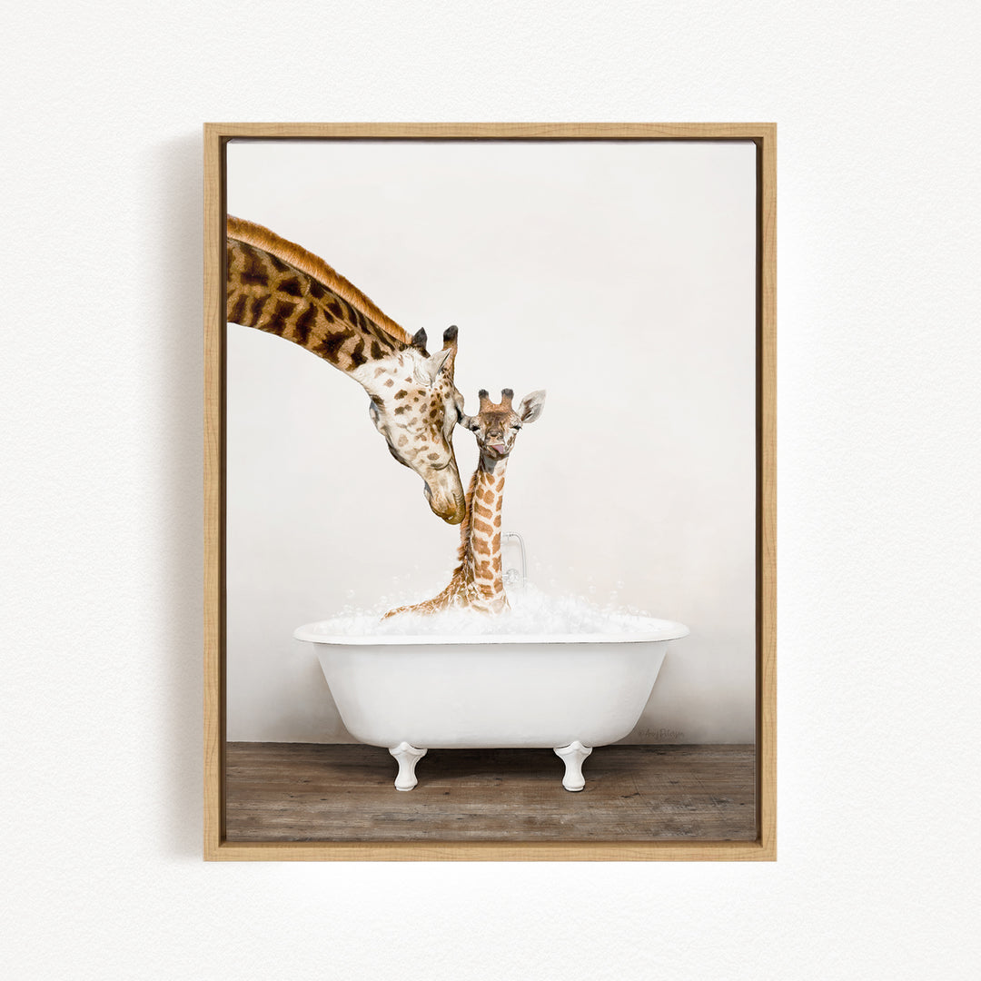 A mother giraffe and her baby giraffe are enjoying a relaxing bath together in a white bathtub.