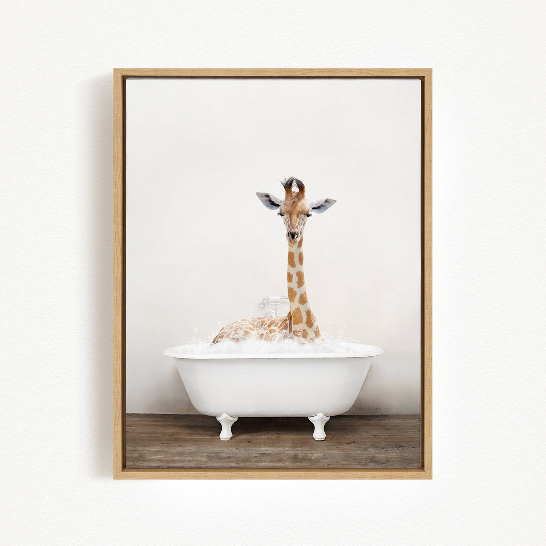 A giraffe sitting in a white bathtub filled with water, creating a whimsical and playful scene.