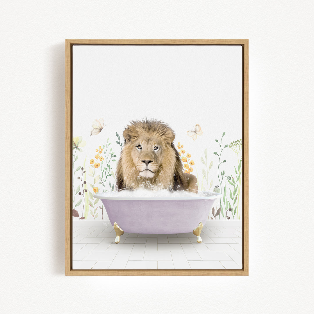 A lion sitting in a bathtub filled with bubbles, surrounded by flowers and butterflies.