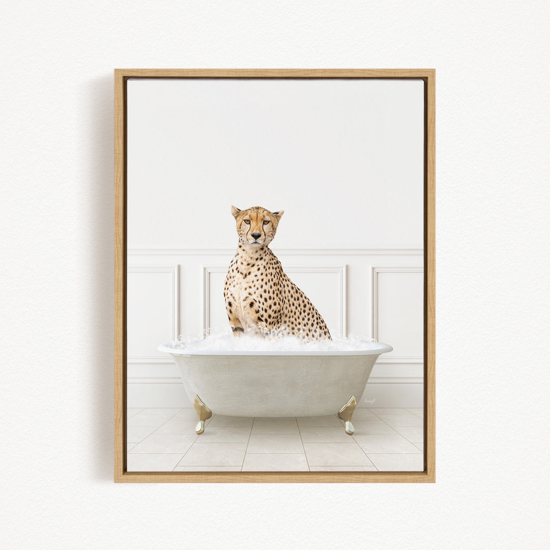 A cheetah sitting in a white bathtub filled with water, creating a whimsical and playful scene.