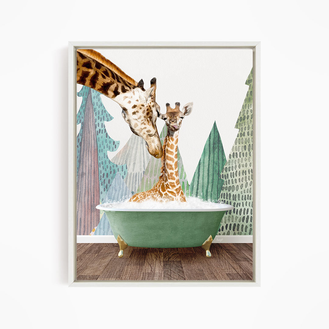 A giraffe and a baby giraffe are sitting in a green bathtub, surrounded by a forest-themed background.