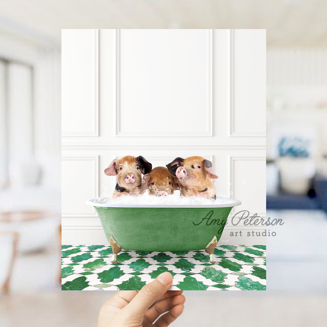 a person holding a card with three small dogs in a bathtub