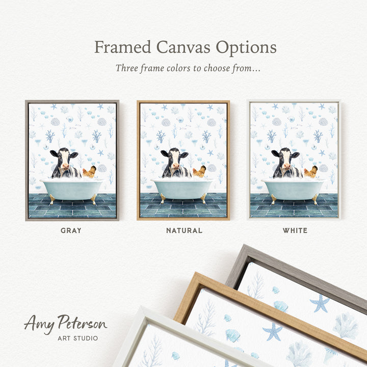 three framed canvas options featuring a cow relaxing in a bathtub, with each option having a different frame color: gray, natural, and white.