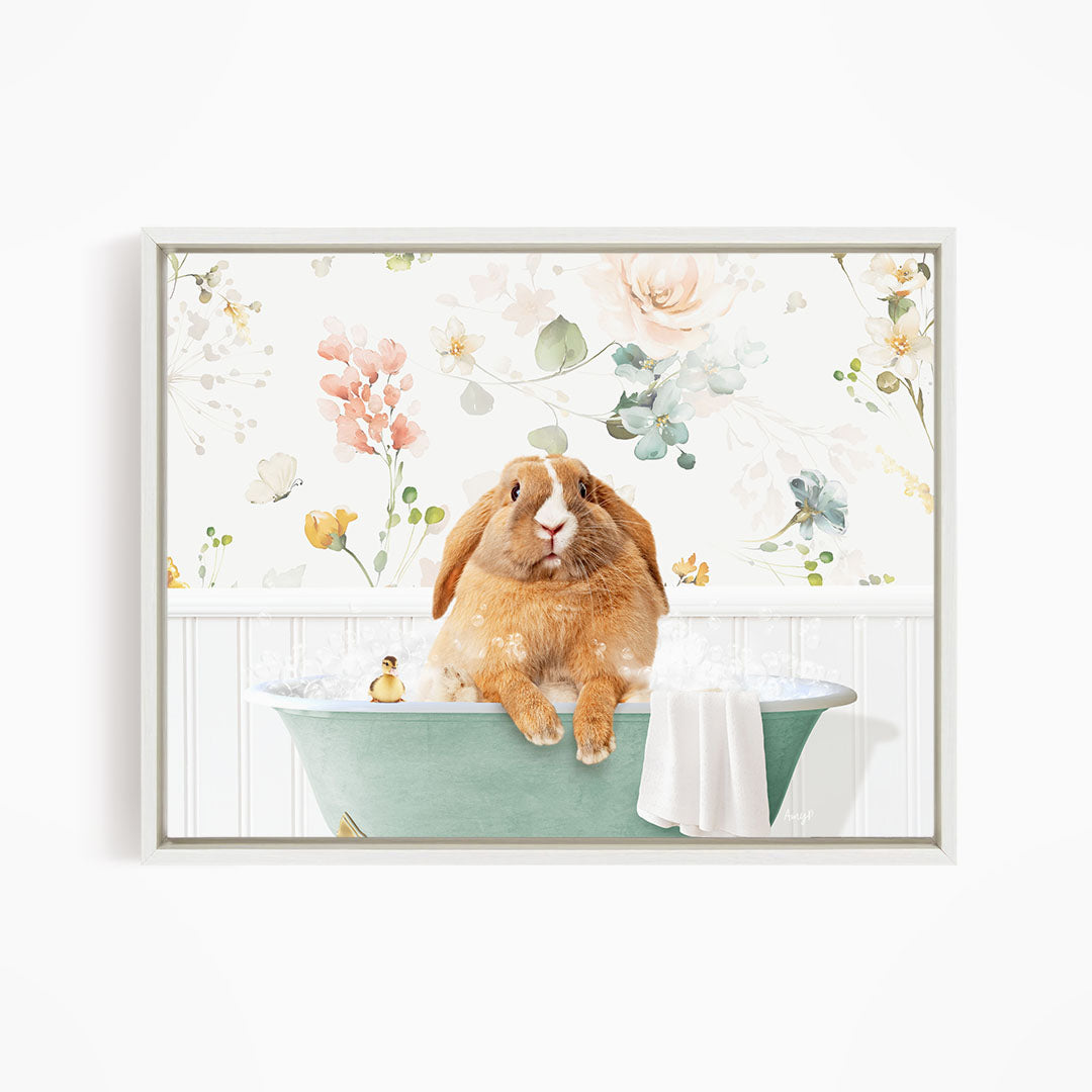 A cute brown rabbit sitting in a green bathtub filled with water, surrounded by a floral pattern.