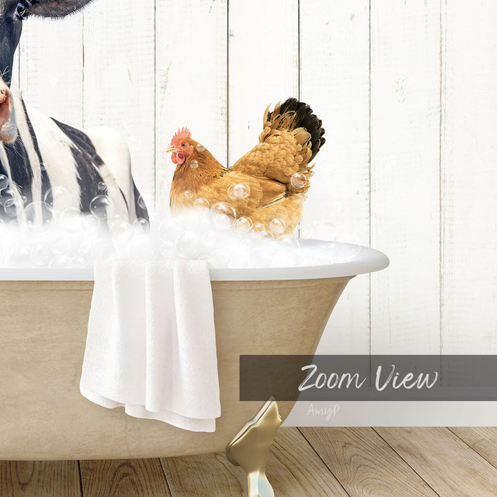 A chicken and a zebra are enjoying a relaxing bath in a white bathtub, surrounded by bubbles.