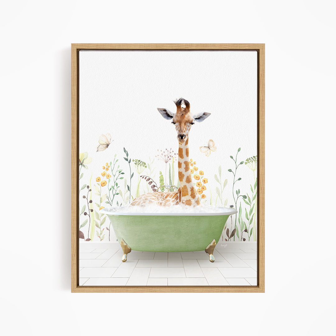 A giraffe sitting in a green bathtub filled with bubbles, surrounded by flowers and butterflies.