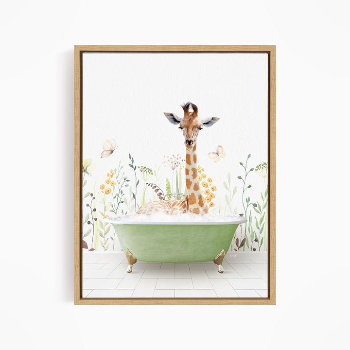 A giraffe sitting in a green bathtub filled with bubbles, surrounded by flowers and butterflies.