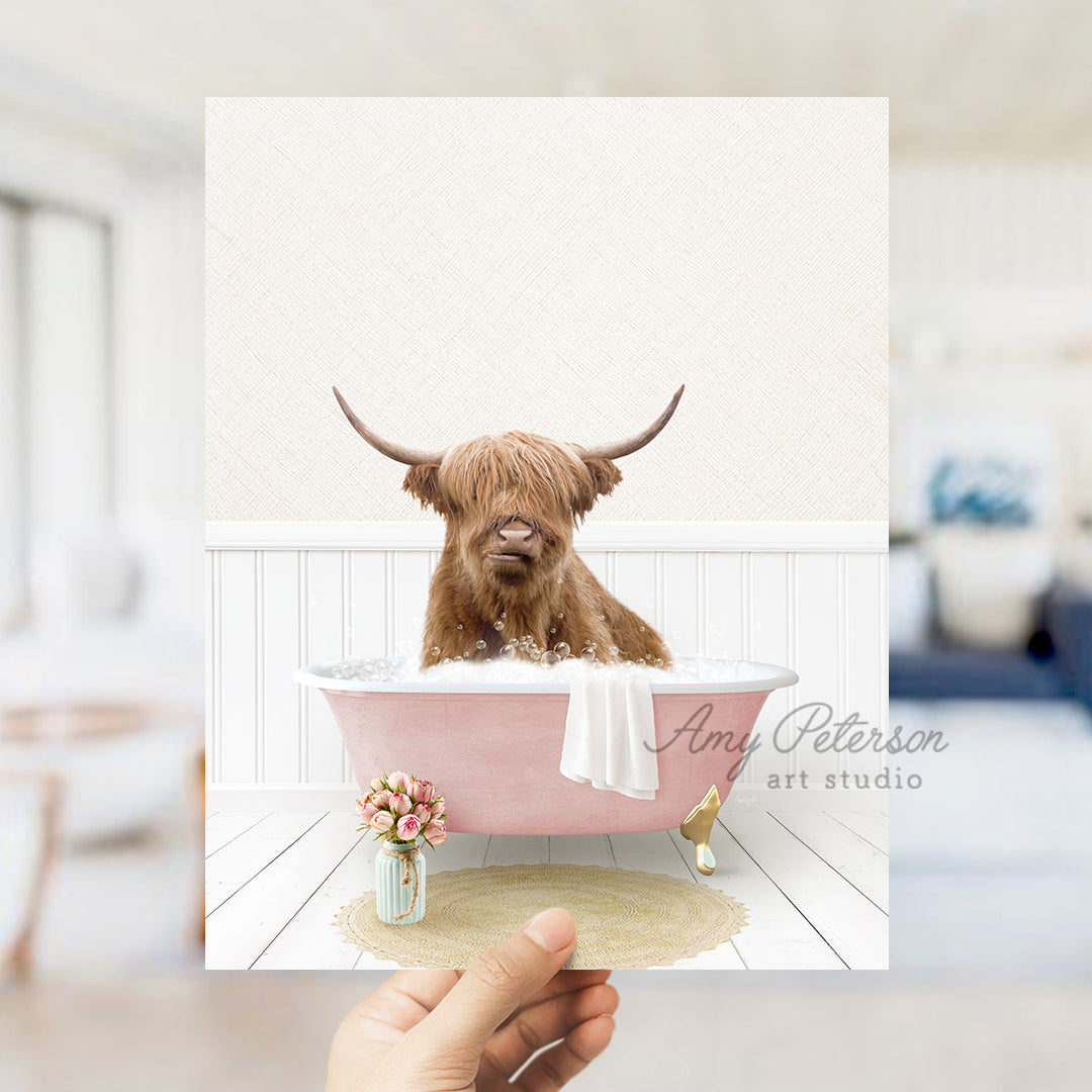 a person holding a card with a picture of a dog in a bathtub