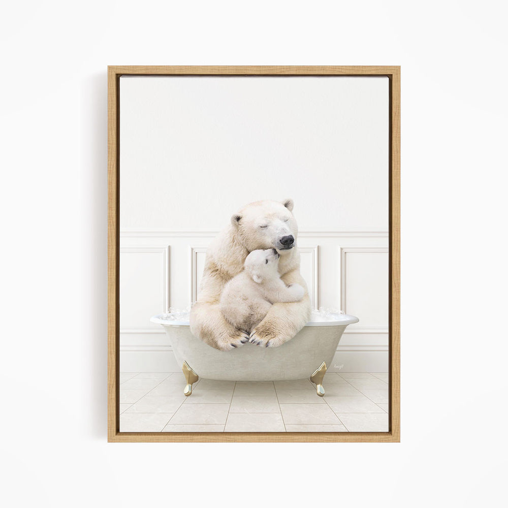 A polar bear sitting in a bathtub, with another polar bear resting on its lap.