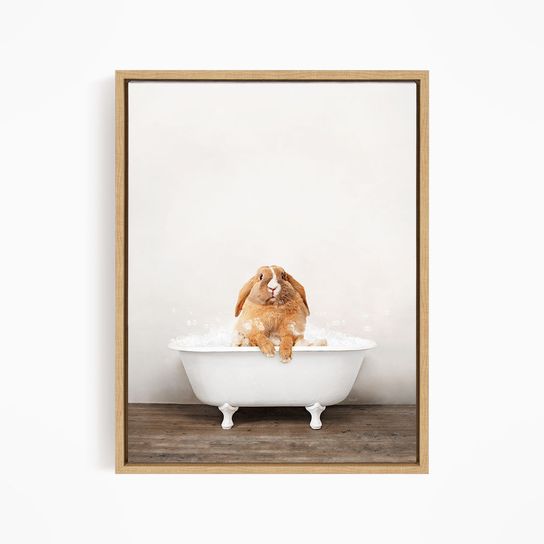 A brown rabbit sitting in a white bathtub filled with bubbles, looking up at the camera.