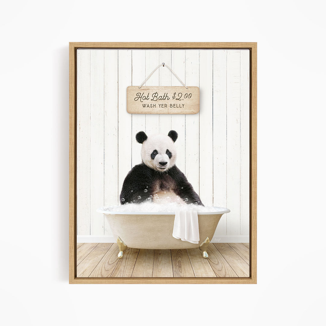 A panda bear sitting in a bathtub, with a sign above it that reads "Hot Bath $2.00 WASH YE Belly".