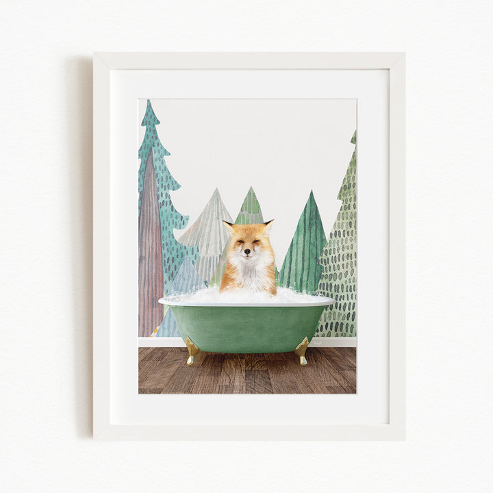 A fox is sitting in a green bathtub, surrounded by stylized trees in various shades of green and brown.