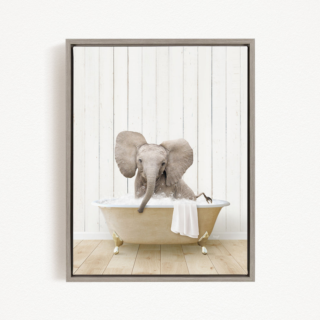 A baby elephant sitting in a bathtub filled with water, surrounded by a wooden wall.