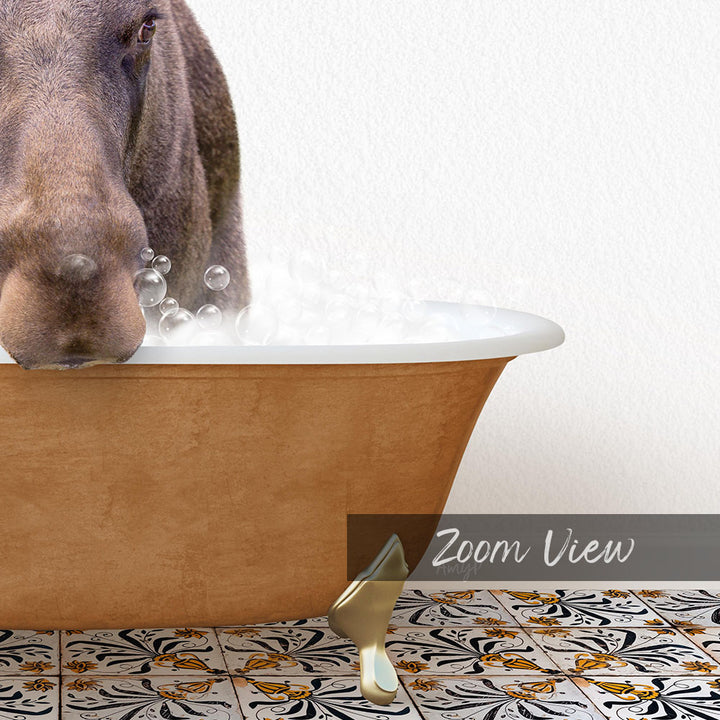 A close-up of a dog's face peeking over the edge of a bathtub filled with bubbles, with a text overlay that reads "Zoom View".