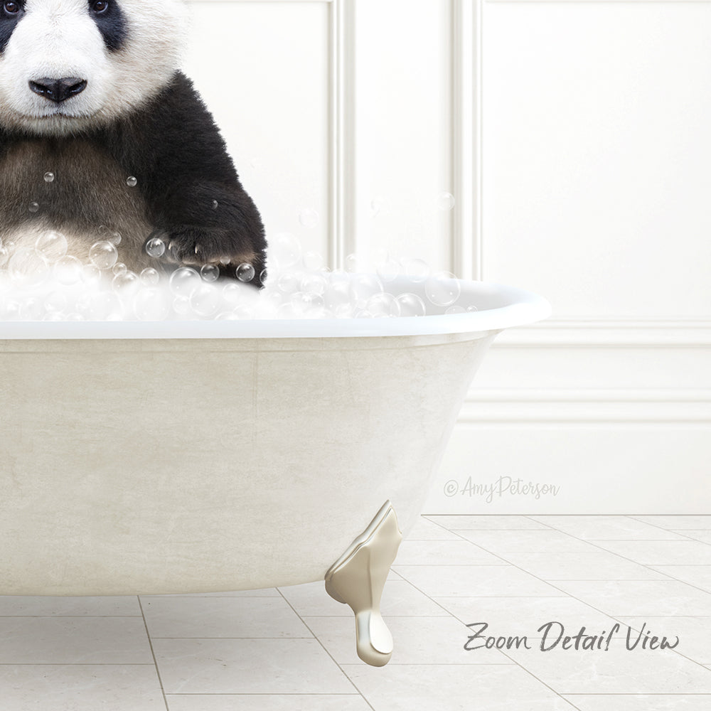 A panda bear sitting in a bathtub filled with bubbles, with a white wall and tiled floor in the background.