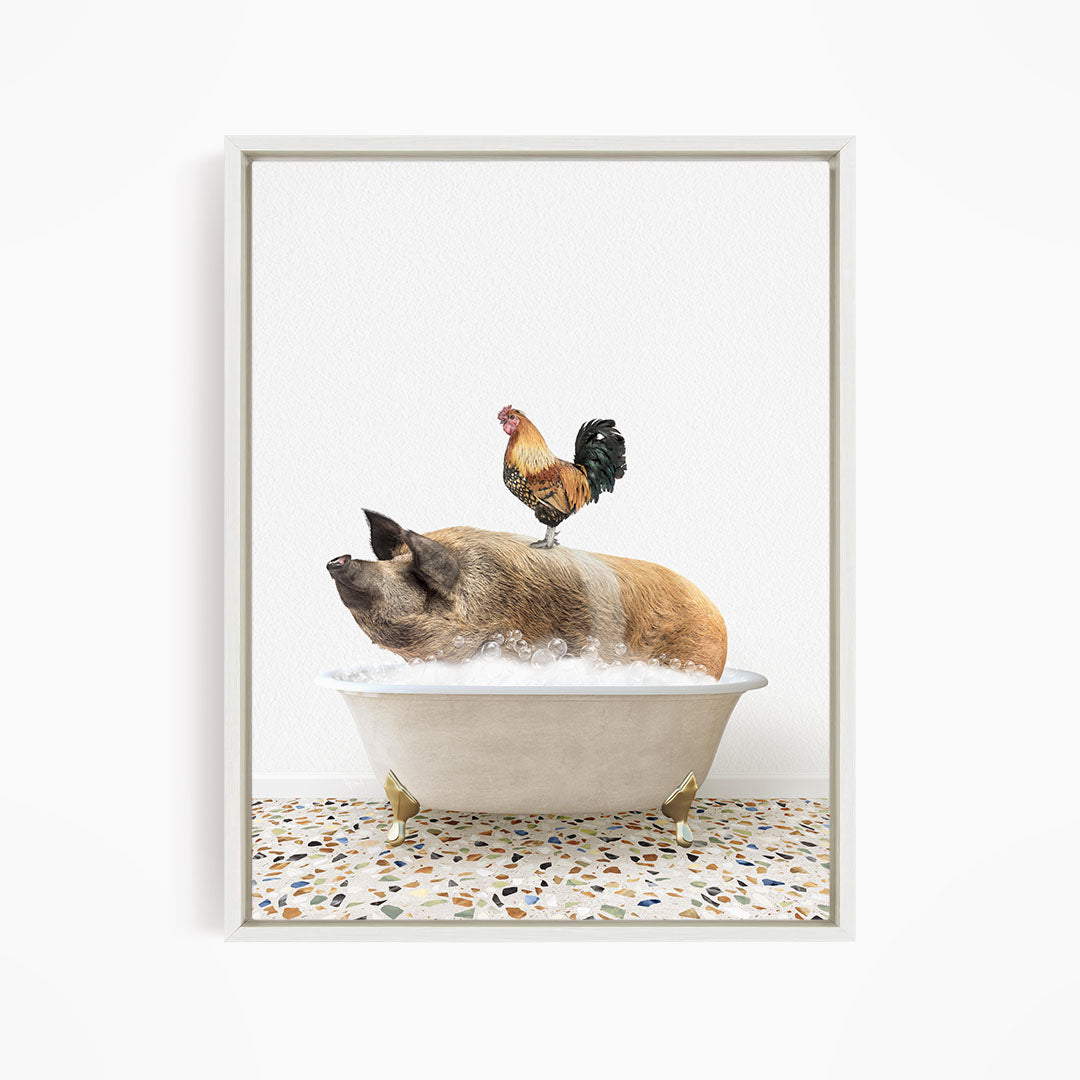 A rooster sits atop a pig in a bathtub, creating a whimsical and humorous scene.