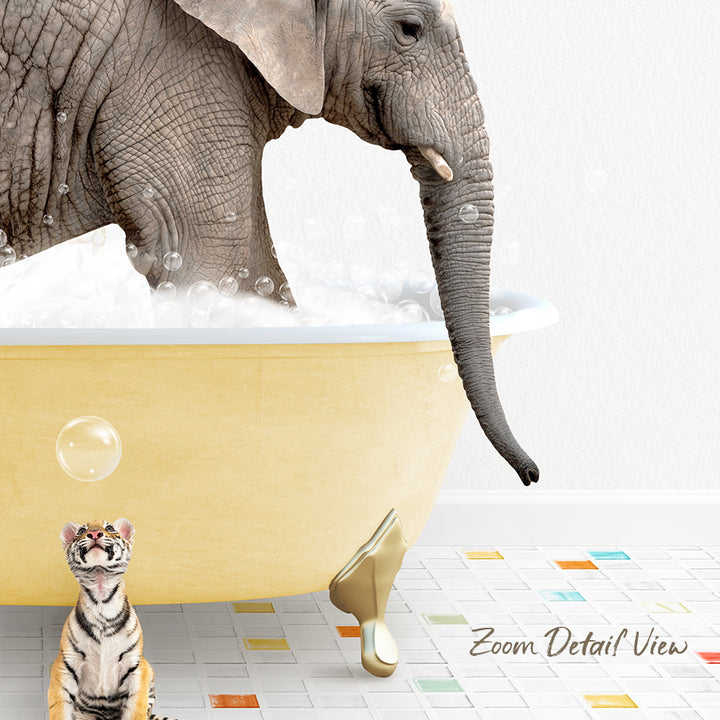 An elephant is taking a bath in a yellow bathtub, while a tiger sits nearby, observing the scene.
