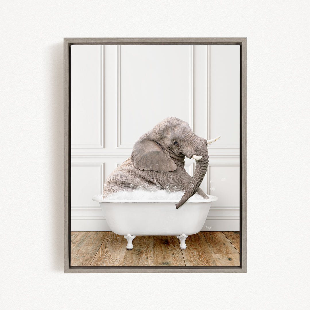 A gray elephant sitting in a white bathtub filled with water, creating a whimsical and playful scene.