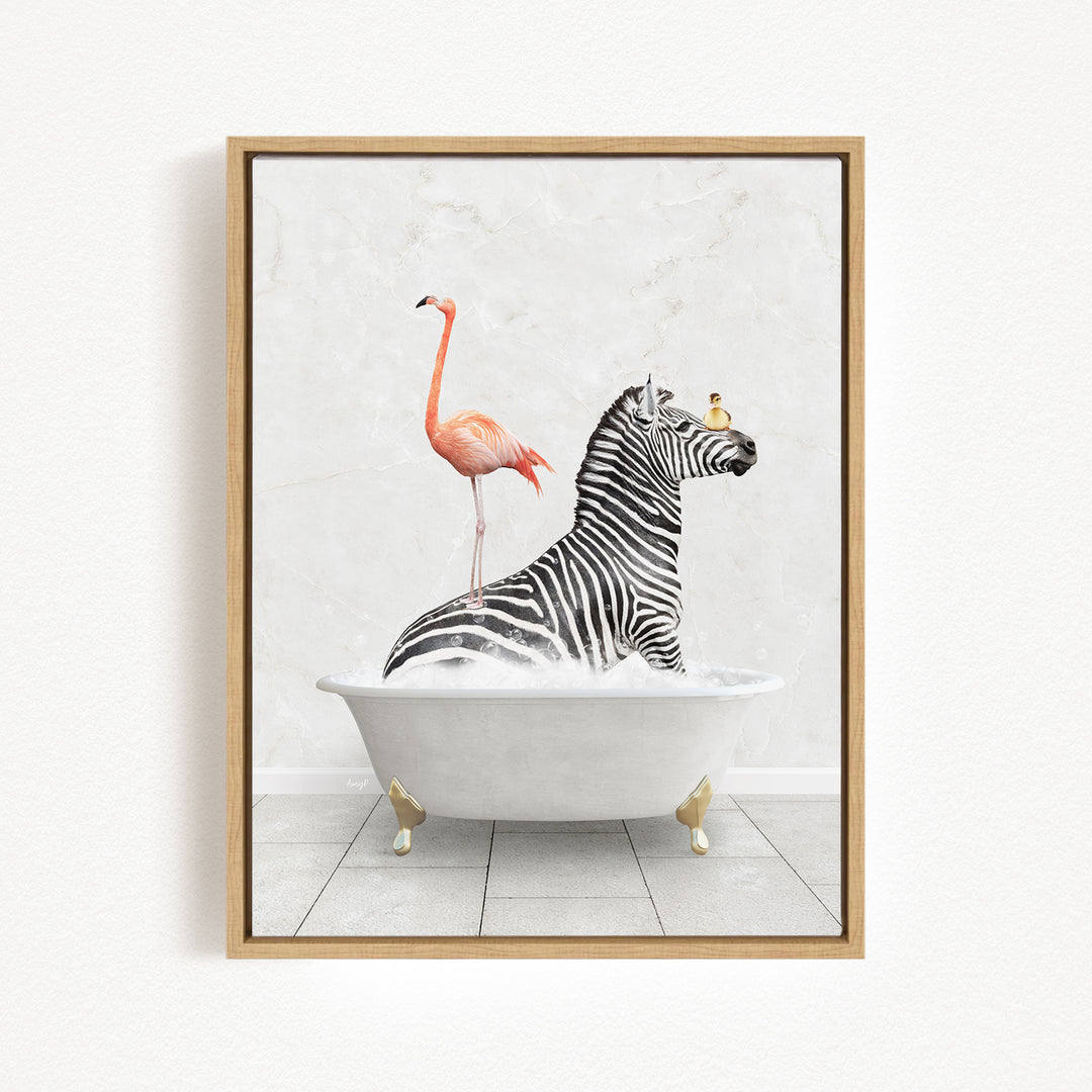A zebra is sitting in a bathtub, with a flamingo standing on its back and a bird perched on its head.