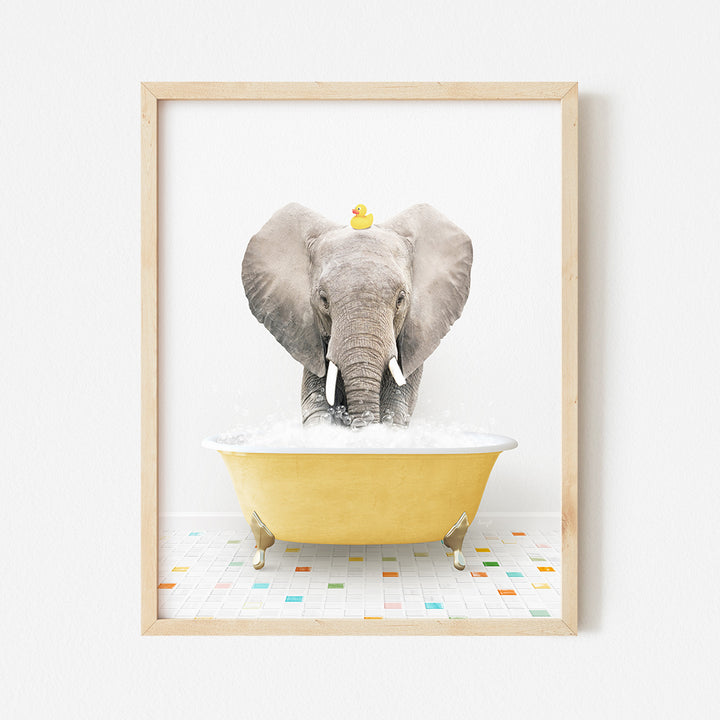 an elephant taking a bath in a yellow bathtub