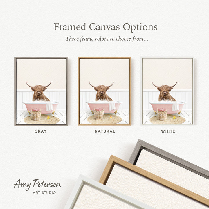 The image is a framed canvas option showcasing three different colored frames for a picture of a cow with horns in a bathtub.