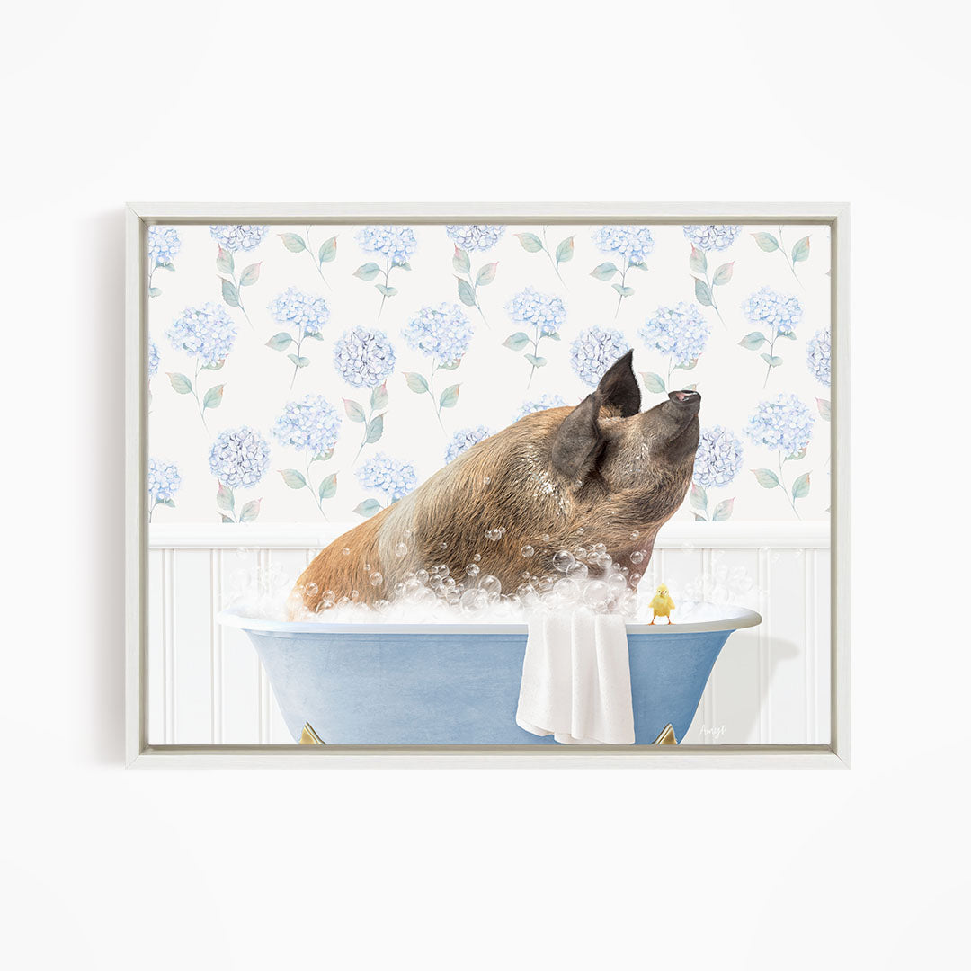 A pig sitting in a blue bathtub, surrounded by bubbles, with a yellow bird perched on the edge of the tub.