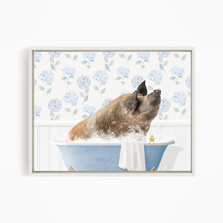 A pig sitting in a blue bathtub, surrounded by bubbles, with a yellow bird perched on the edge of the tub.