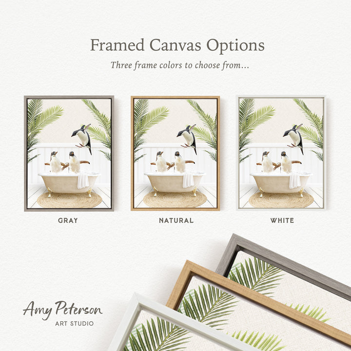 three framed canvas options, each featuring a different color and frame style. The options include a gray frame, a natural frame, and a white frame, each with a different background design.