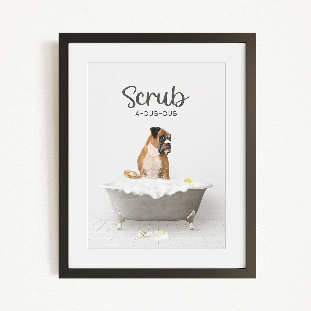 A dog sitting in a bathtub filled with bubbles, with the text "Scrub" and "A-DUB-DUB" written above it.