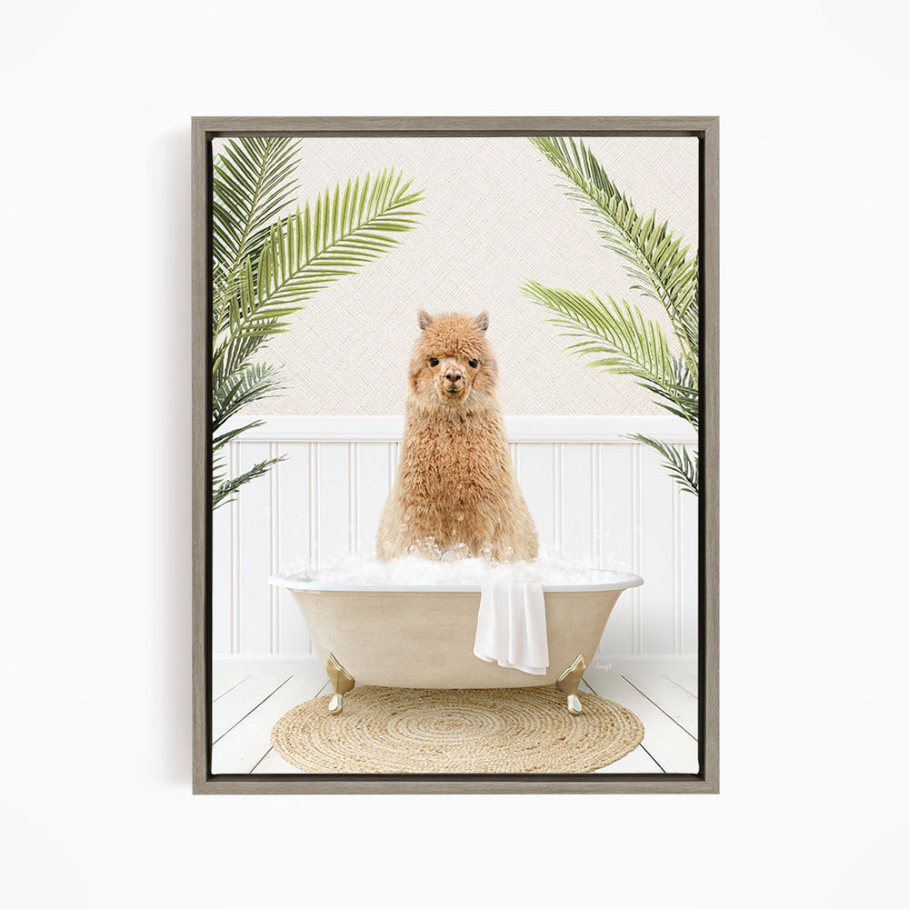 A fluffy brown dog sitting in a white bathtub filled with bubbles, surrounded by green palm leaves.