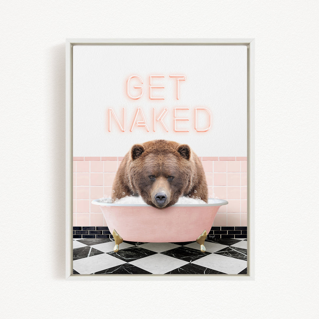 A brown bear sitting in a pink bathtub with the text "GET NAKED" displayed above it.