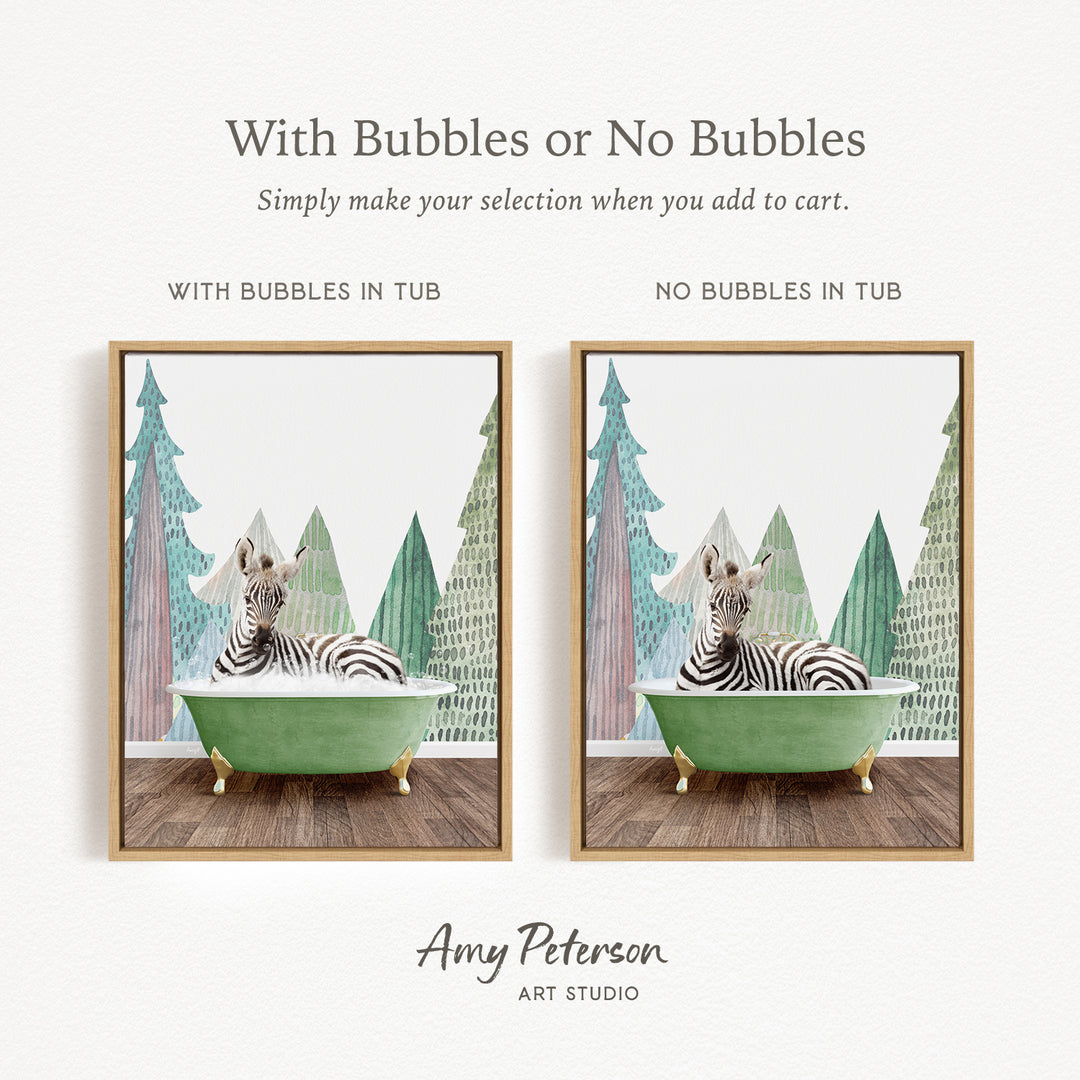The image is a collage of two framed pictures. The first picture features a zebra sitting in a green bathtub, while the second picture shows a zebra sitting in a bathtub without any bubbles. The text above the images reads "With Bubbles or No Bubbles Simply make your selection when you add to cart."