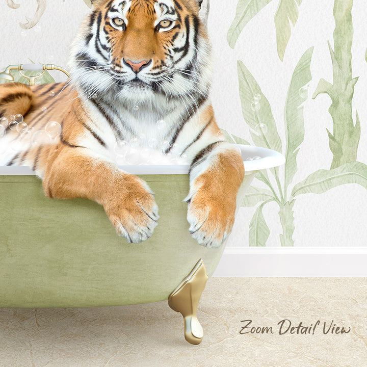 A tiger is sitting in a green bathtub, surrounded by bubbles, with a tropical plant wallpaper in the background.