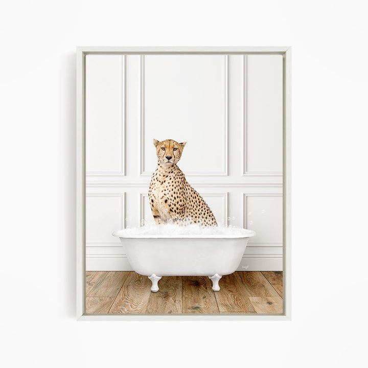 A cheetah sitting in a white bathtub filled with water, creating a playful and whimsical scene.