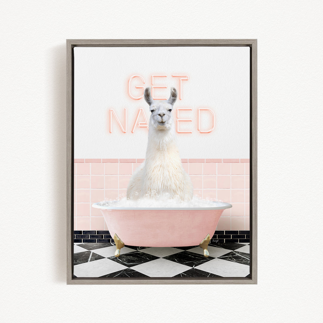 A white llama sitting in a pink bathtub with the text "GET NAKED" displayed above it.