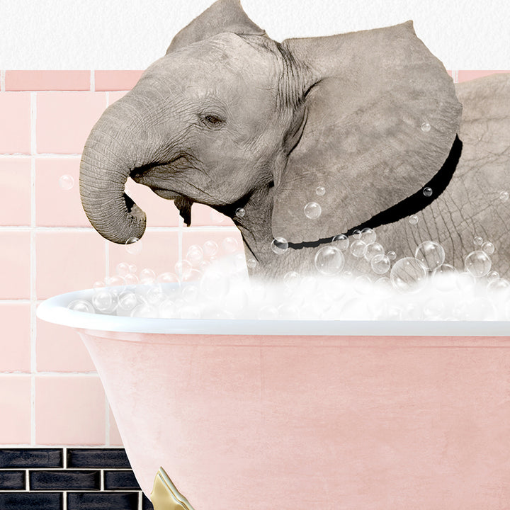 a baby elephant taking a bath in a bathtub