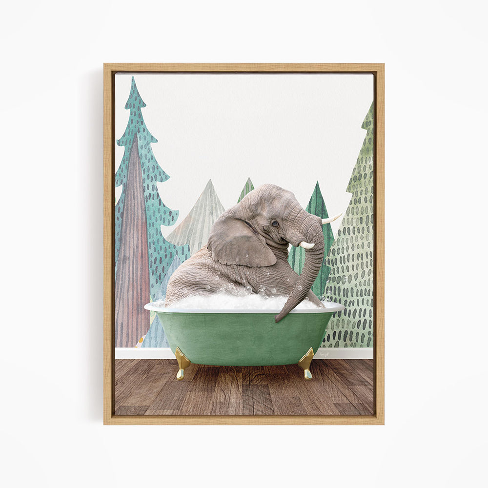 A gray elephant is sitting in a green bathtub, surrounded by a forest-themed background with trees and a snowy landscape.