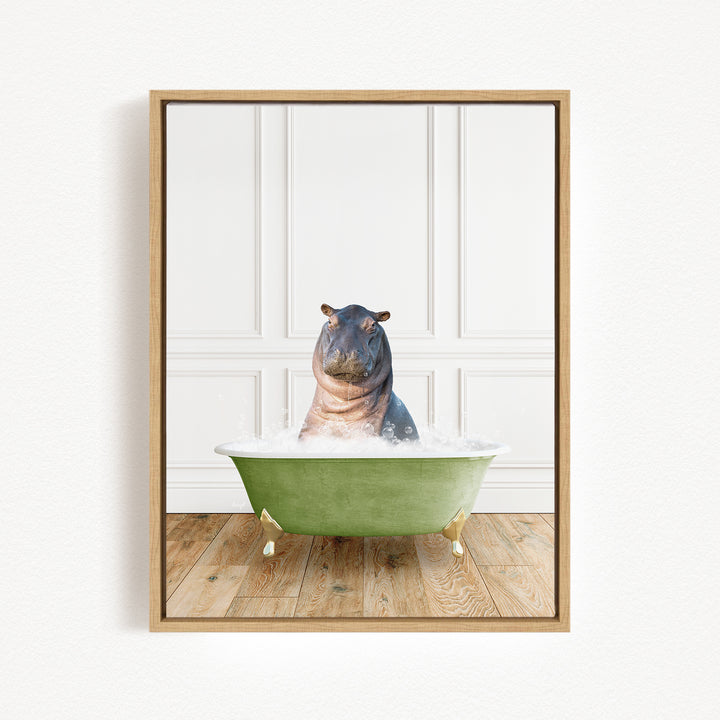 A hippopotamus sitting in a green bathtub filled with water, creating a whimsical and playful scene.