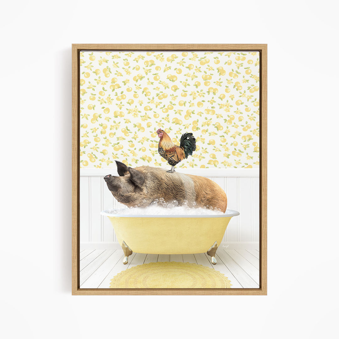 A rooster sits atop a pig in a yellow bathtub, surrounded by a yellow floral pattern on the wall.
