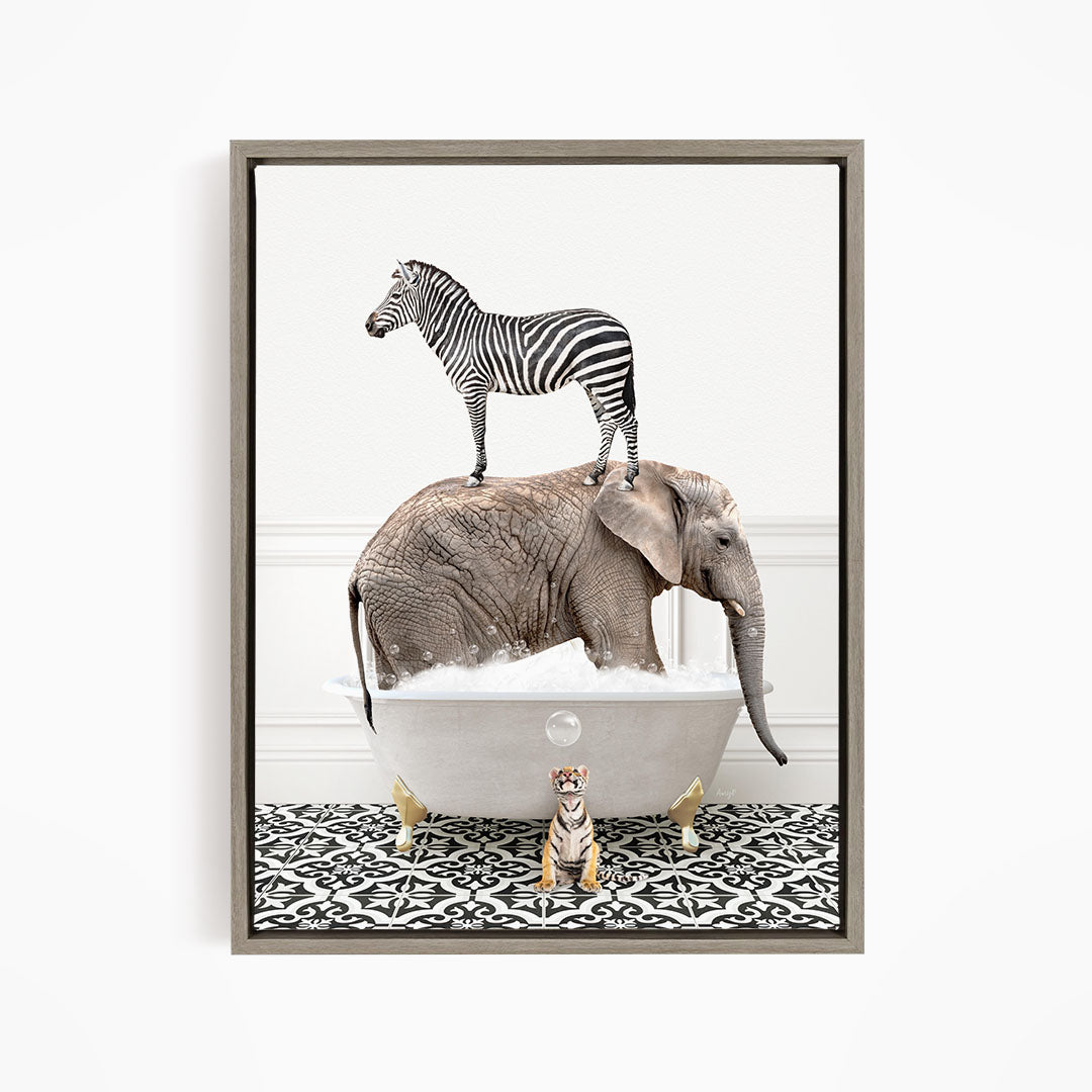 A zebra standing on an elephant's back, with the elephant submerged in a bathtub, and a small tiger figurine sitting in the tub.