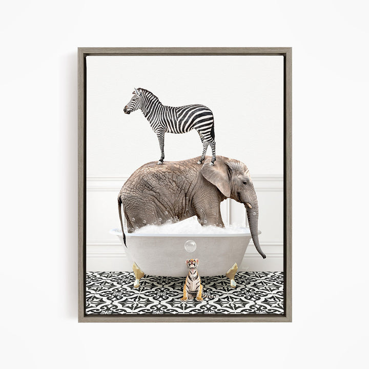 A zebra standing on an elephant's back, with the elephant submerged in a bathtub, and a small tiger figurine sitting in the tub.