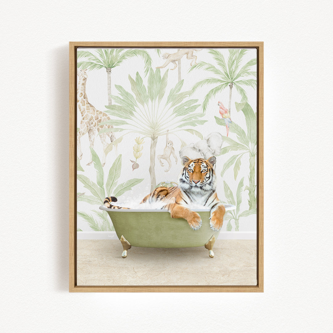 A tiger is sitting in a green bathtub, surrounded by tropical foliage and animals, creating a whimsical and playful scene.