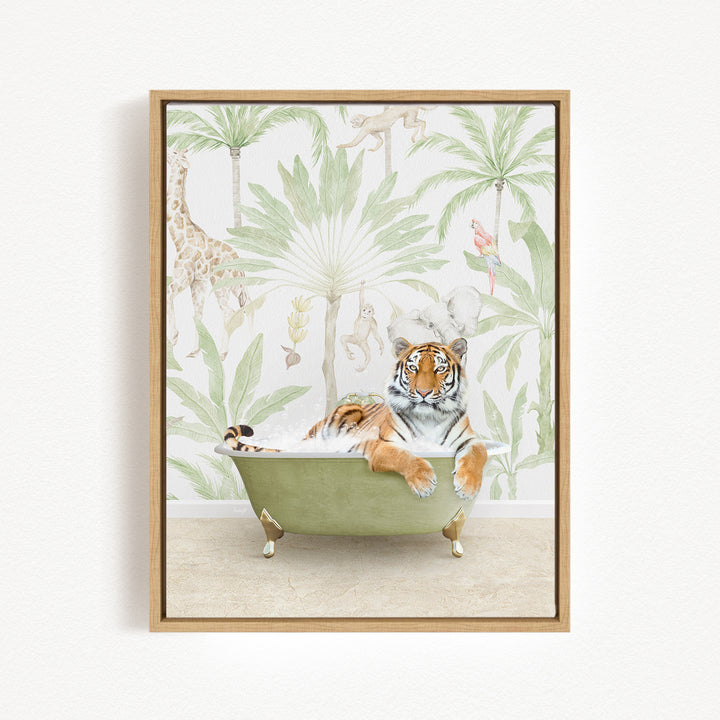 A tiger is sitting in a green bathtub, surrounded by tropical foliage and animals, creating a whimsical and playful scene.